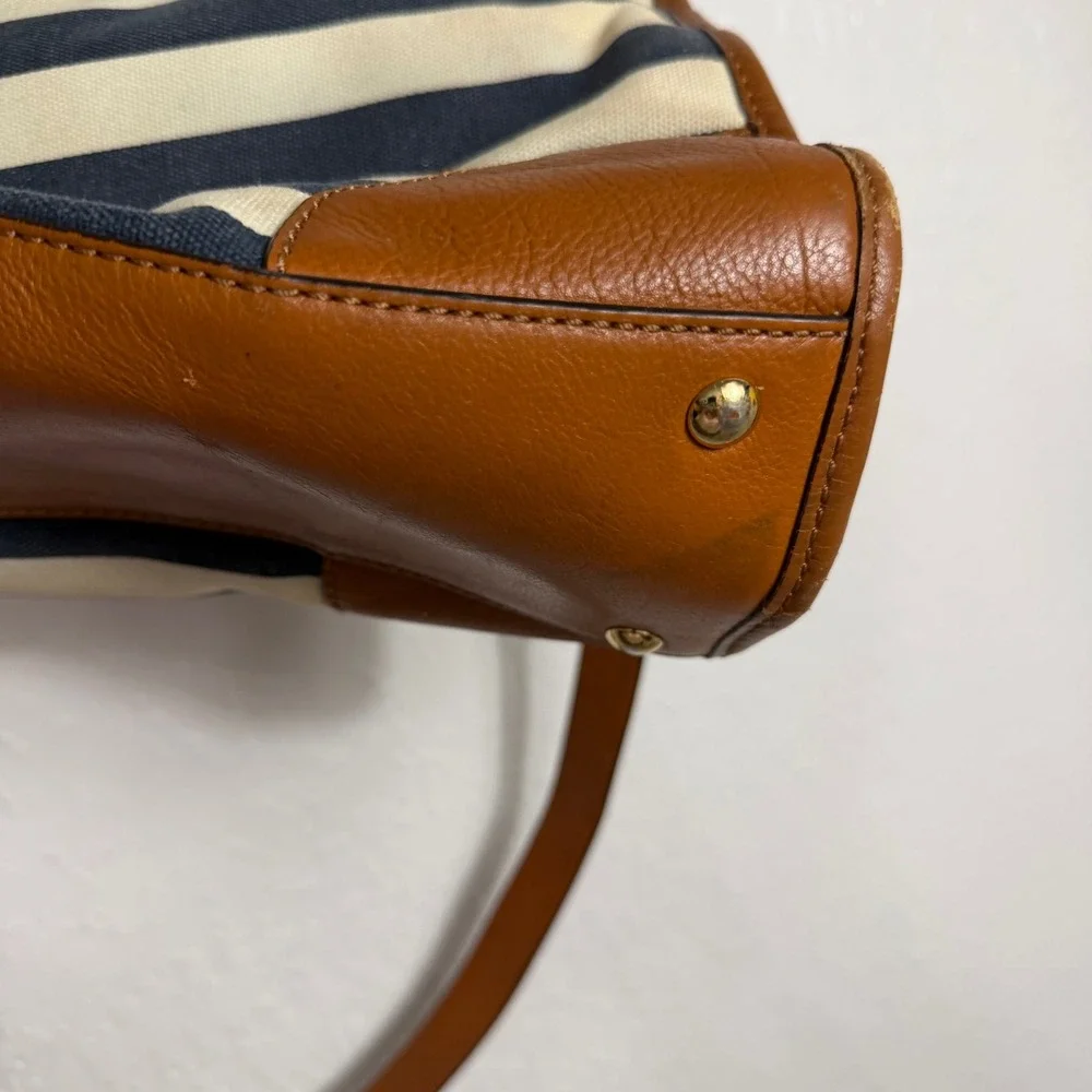 Michael Kors Hamilton Satchel Navy Cream Striped Canvas Leather Trim Handbag